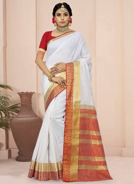 White And Red Colour Sangam Red Chilli Fancy Wear Cotton Heavy Designer Saree Collection 1558